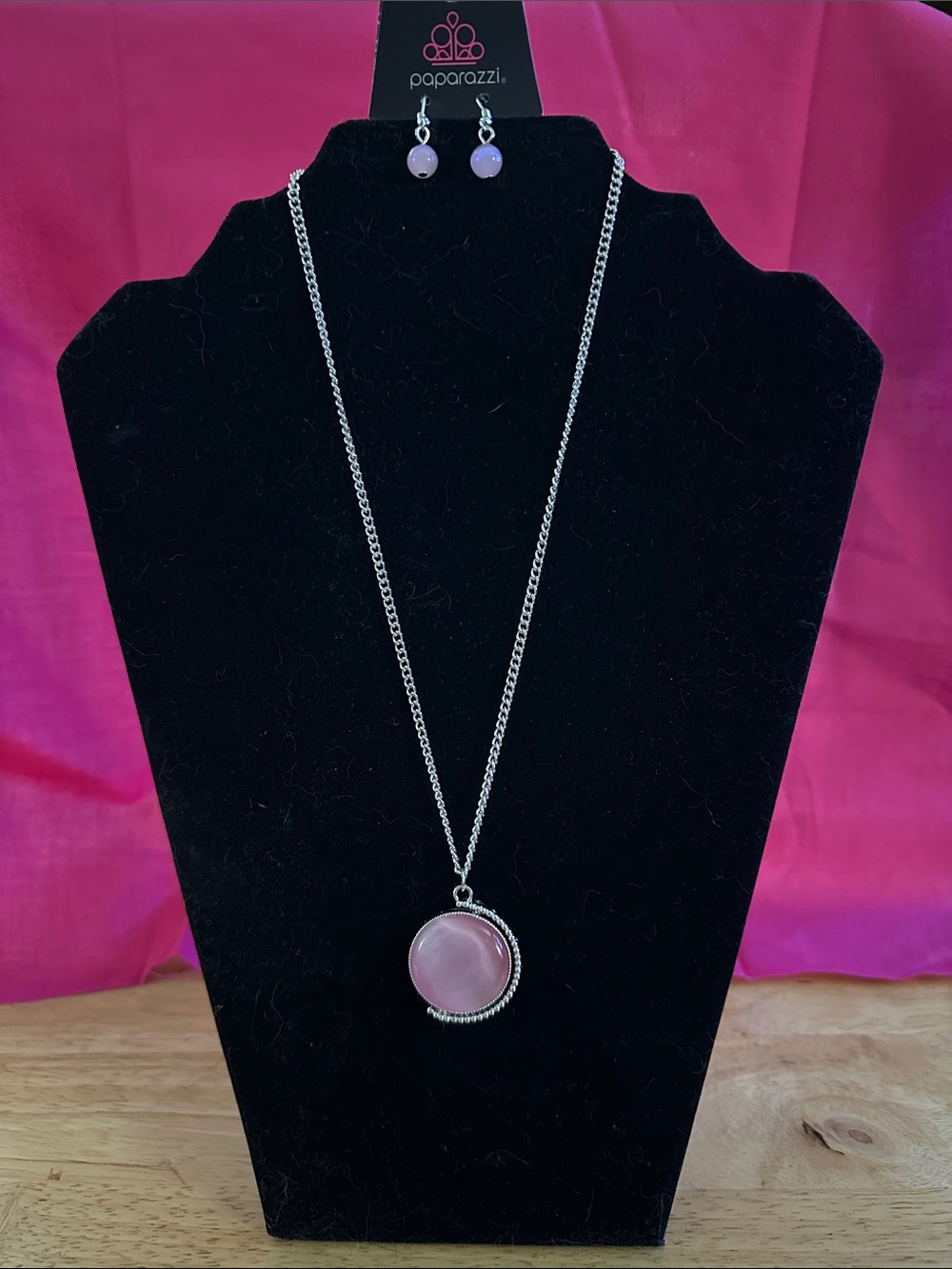 paparazzi Silver-Tone Necklace and Earrings with Soft Pink Cabochon